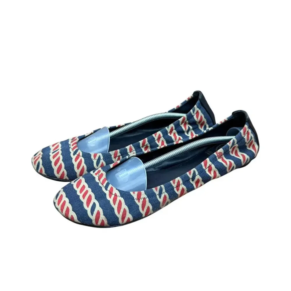 Tory Burch size 9.5 Blue & Red Striped Leather Flats